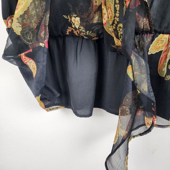 Vince Camuto Asymmetric Blouse Top Paisley Cinch Waist Lined Rich Black Size 2X - Picture 14 of 16